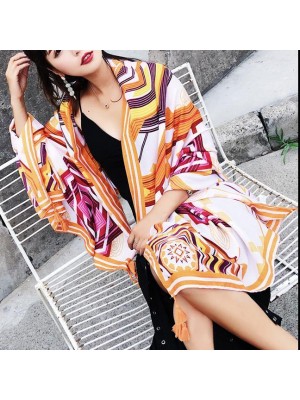 Women orange print Vintage Soolinen Seaside Vacation Printed Tassel Sunscreen Scarf